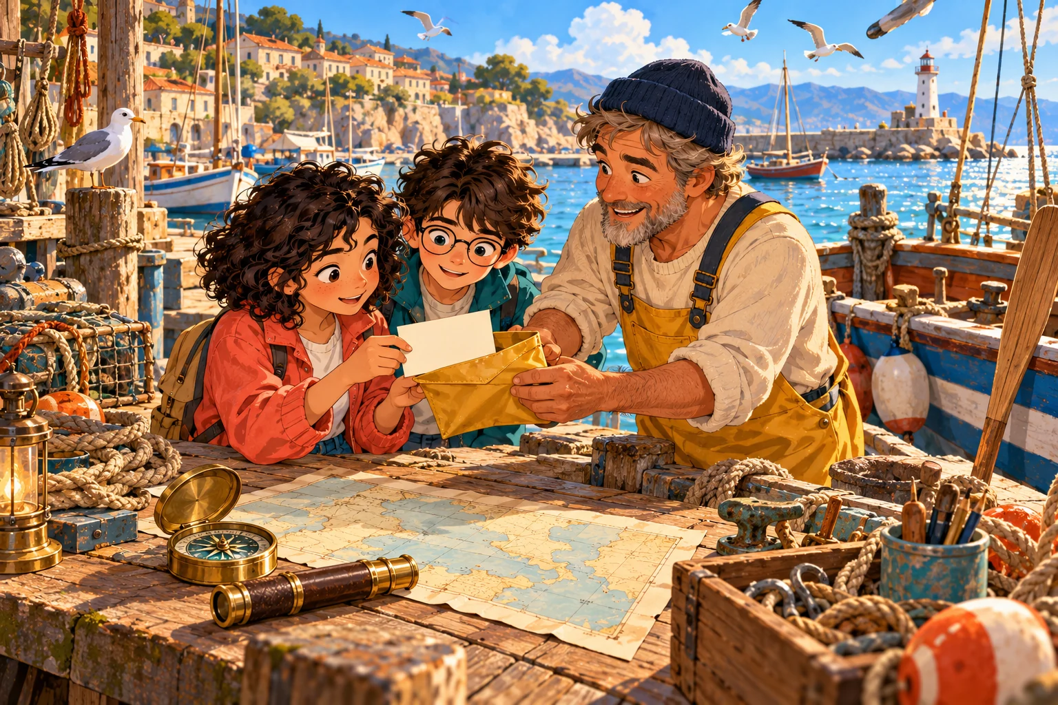 Ada y Leo con el marinero en una mesa del puerto. Hay un sobre en el centro, un mapa sobre la mesa y una brújula a la izquierda.